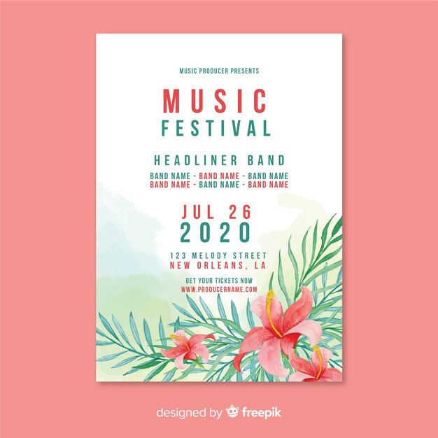 Modèle d&#39;affiche de festival de musique aquarelle