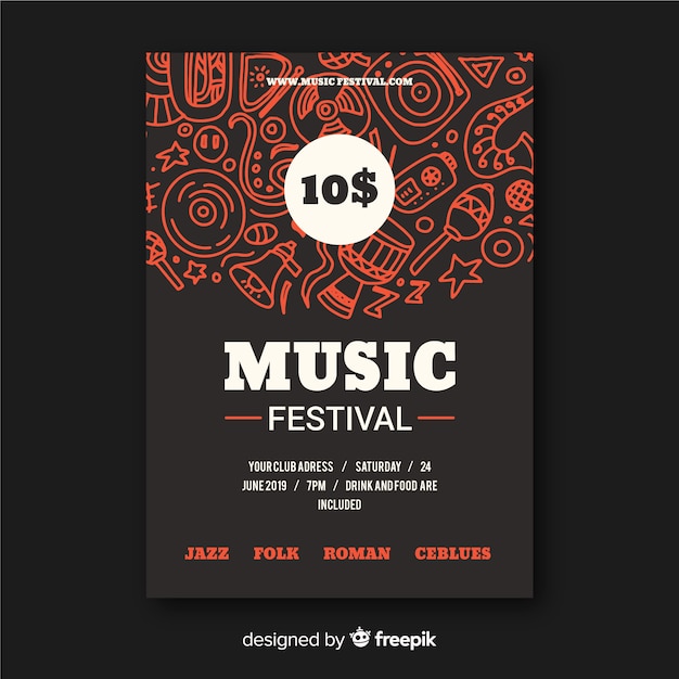 Modèle d&#39;affiche de festival de musique dessiné à la main