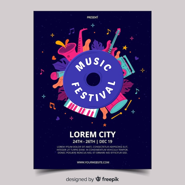 Modèle d&#39;affiche de festival de musique dessiné à la main