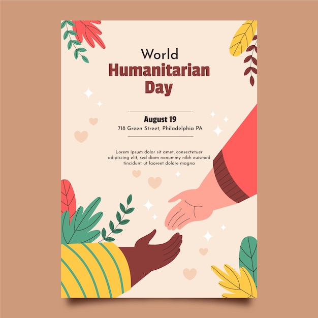 Modèle d'affiche de la journée humanitaire mondiale plate avec les mains qui se rejoignent