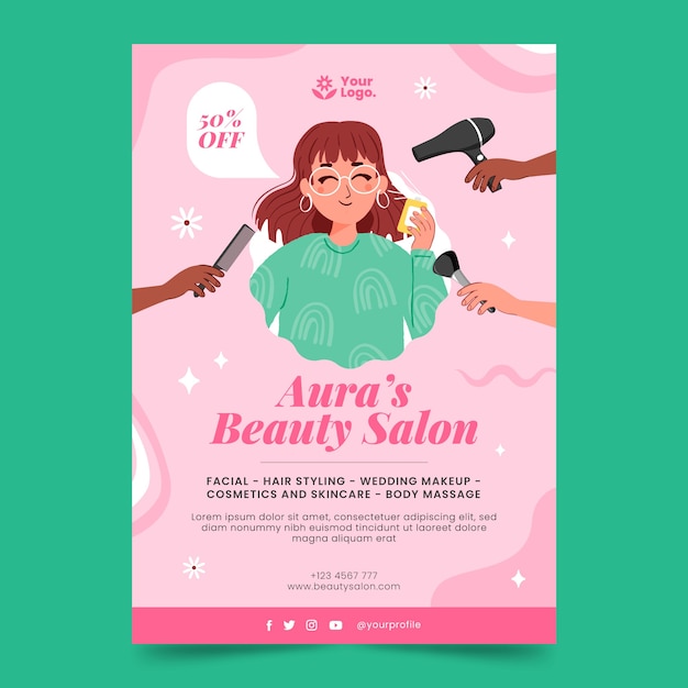 Modèle d'affiche de salon de beauté dessiné à la main