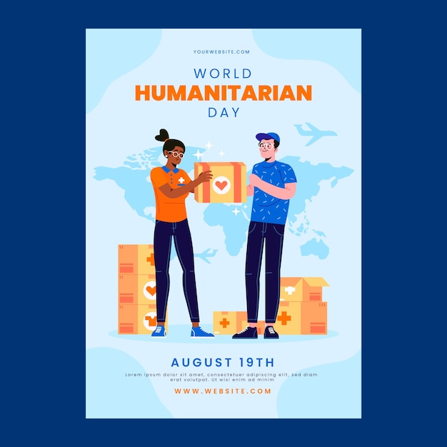 Modèle d'affiche verticale de la journée humanitaire mondiale plate