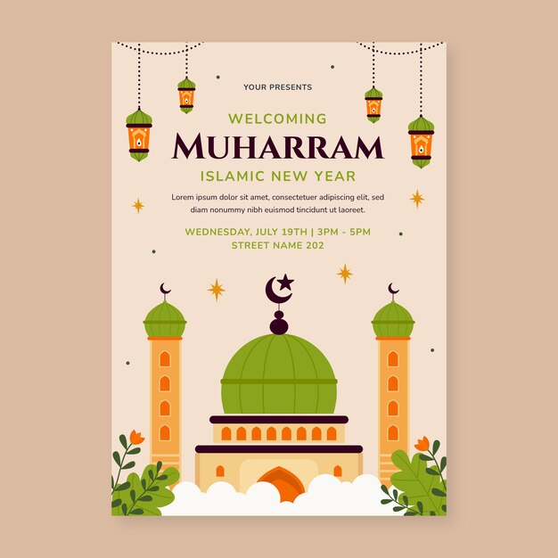 Modèle d'affiche verticale plate pour la célébration du nouvel an islamique