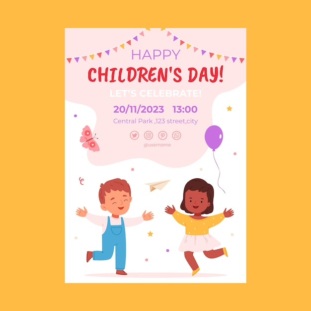 Modèle d'affiche verticale plate pour la célébration de la journée internationale des enfants