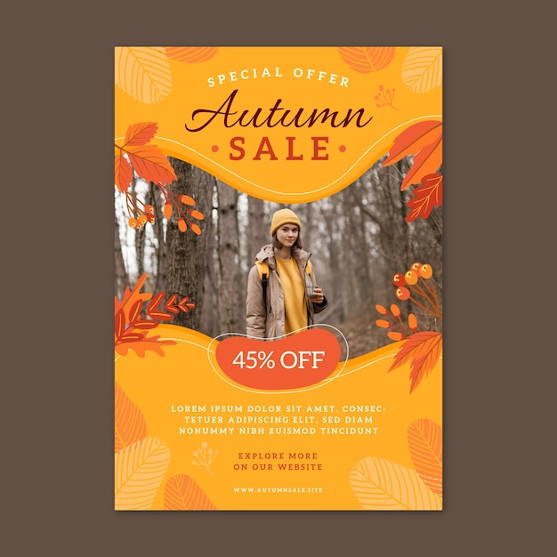 Vecteur gratuit modèle d'affiche verticale de vente d'automne avec photo