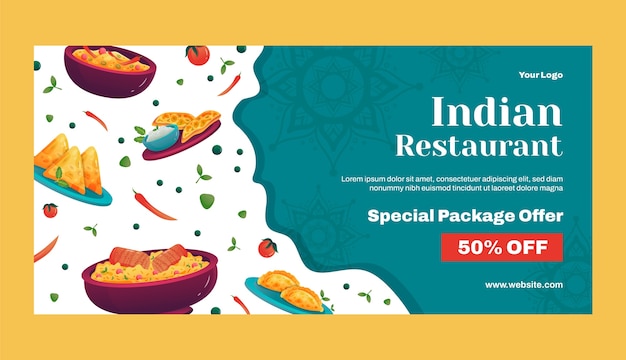 Modèle de bannière de vente horizontale de restaurant indien dégradé