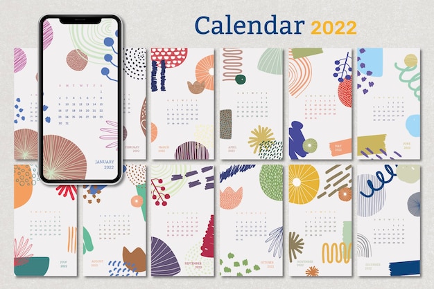 Vecteur gratuit modèle de calendrier mensuel 2022, ensemble de vecteurs de papier peint floral memphis iphone