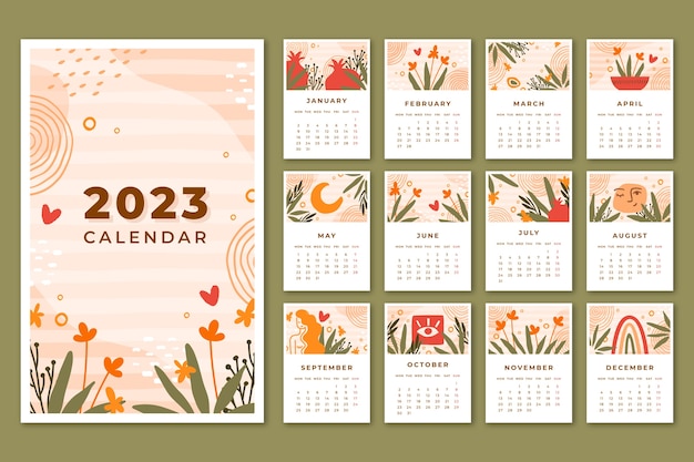 Vecteur gratuit modèle de calendrier mensuel 2023 dessiné à la main