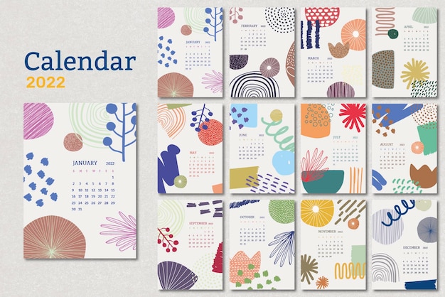 Vecteur gratuit modèle de calendrier mensuel floral 2022, ensemble de vecteurs abstraits de memphis