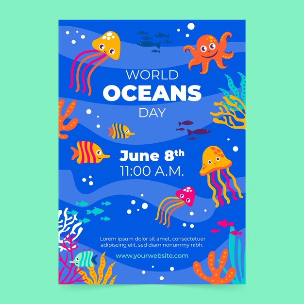 Modèle de flyer vertical plat pour la journée mondiale des océans avec des créatures aquatiques