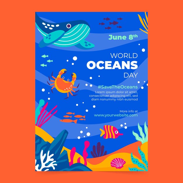 Modèle de flyer vertical plat pour la journée mondiale des océans avec des créatures aquatiques