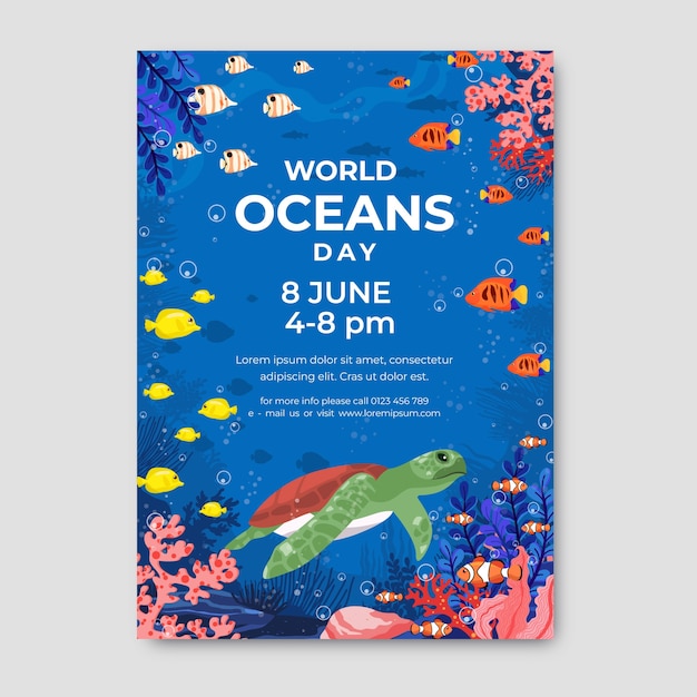 Vecteur gratuit modèle de flyer vertical plat pour la journée mondiale des océans avec des créatures aquatiques