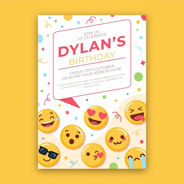 Modèle d'invitation d'anniversaire emoji de dessin animé