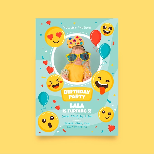 Modèle d'invitation d'anniversaire Emoji avec photo