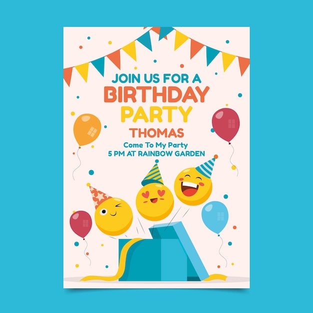 Modèle d'invitation d'anniversaire plat emoji