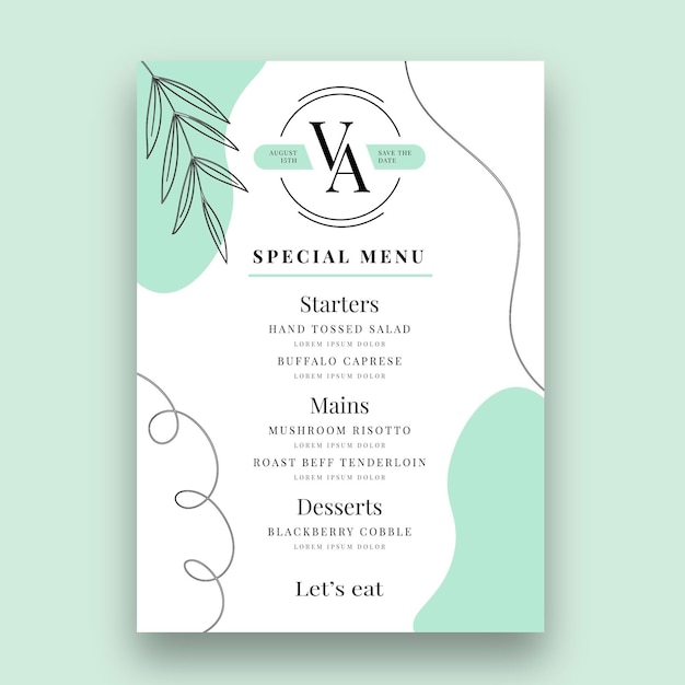 Modèle de menu de mariage minimal