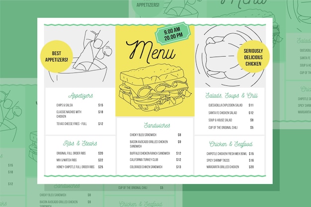 Modèle de menu de restaurant design dessiné à la main