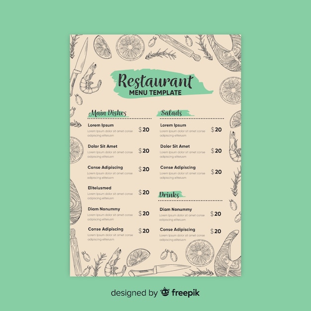 Modèle de menu de restaurant élégant avec des dessins