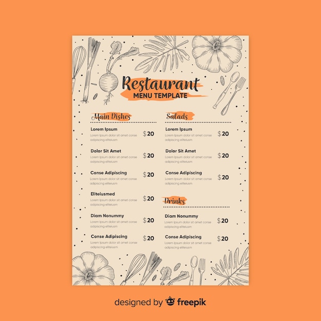 Modèle de menu de restaurant élégant avec des dessins