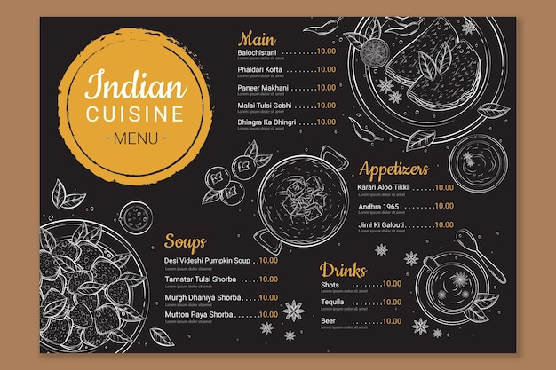 Modèle de menu de restaurant indien traditionnel dessiné à la main