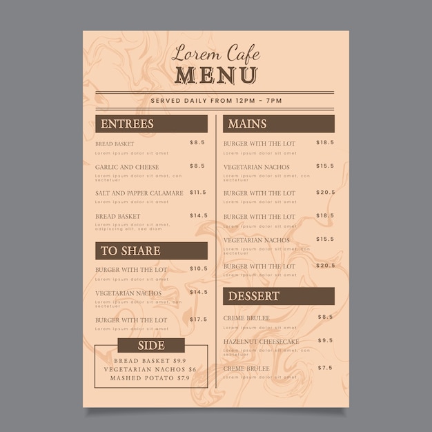 Modèle de menu de restaurant en marbre