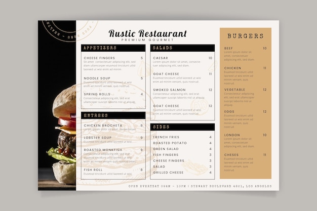 Modèle de menu de restaurant rustique dessiné à la main de gravure avec photo