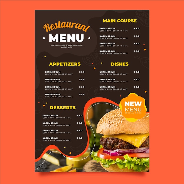 Modèle de menu vertical de restaurant rustique plat bio avec photo