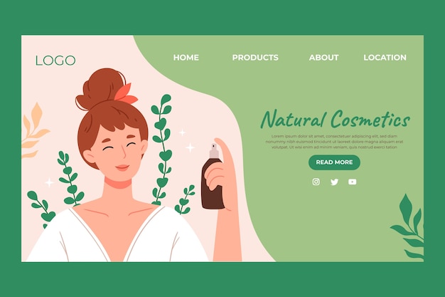 Vecteur gratuit modèle de page de destination plate pour les produits cosmétiques naturels