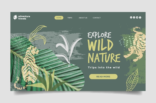 Vecteur gratuit modèle de page de destination pour la nature sauvage avec végétation et tigre