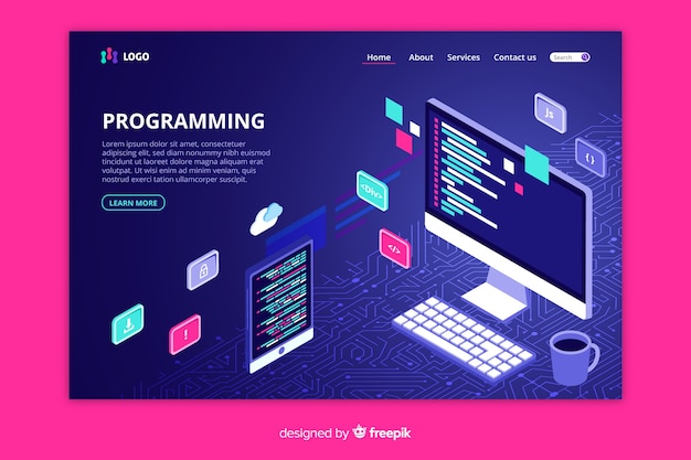 Vecteur gratuit modèle de page de destination pour la programmation isométrique