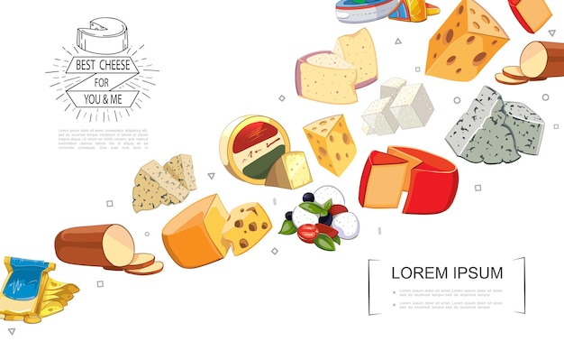 Vecteur gratuit modèle de sortes de fromage frais de dessin animé avec gouda dorblu grano padano raclette danablu maasdam mozzarella cheddar feta fromage fumé