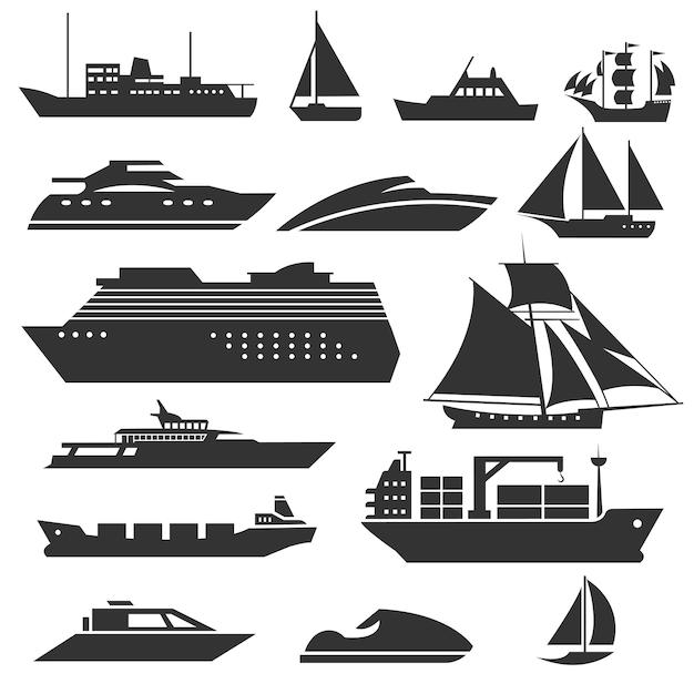 Navires et bateaux. Signes de barge, bateau de croisière, expédition et bateau de pêche. Silhouette noire d'illustration de véhicules marins