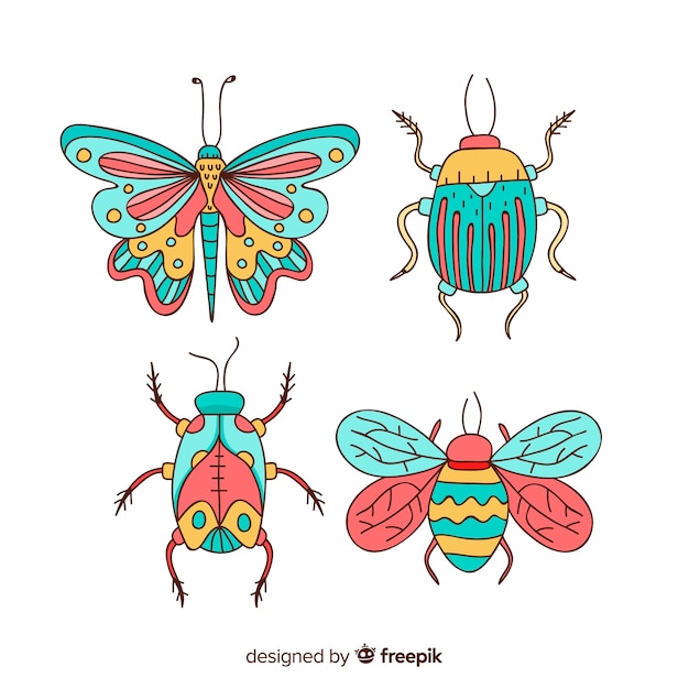 Vecteur gratuit pack d&#39;insectes colorés dessinés à la main