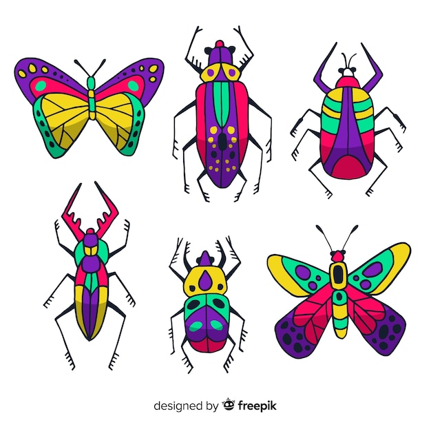 Vecteur gratuit pack d&#39;insectes colorés dessinés à la main