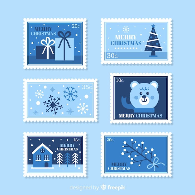 Vecteur gratuit pack de timbres de noël plats