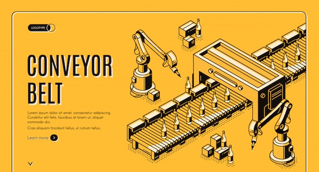 Vecteur gratuit page de destination de la bande transporteuse d'usine. bras robotiques.