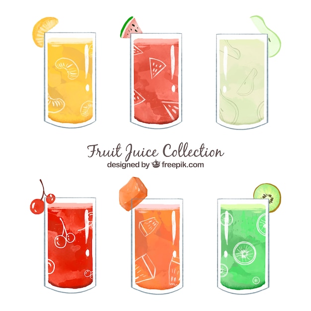 Vecteur gratuit paquet de jus de fruits savoureux peints avec de l&#39;aquarelle