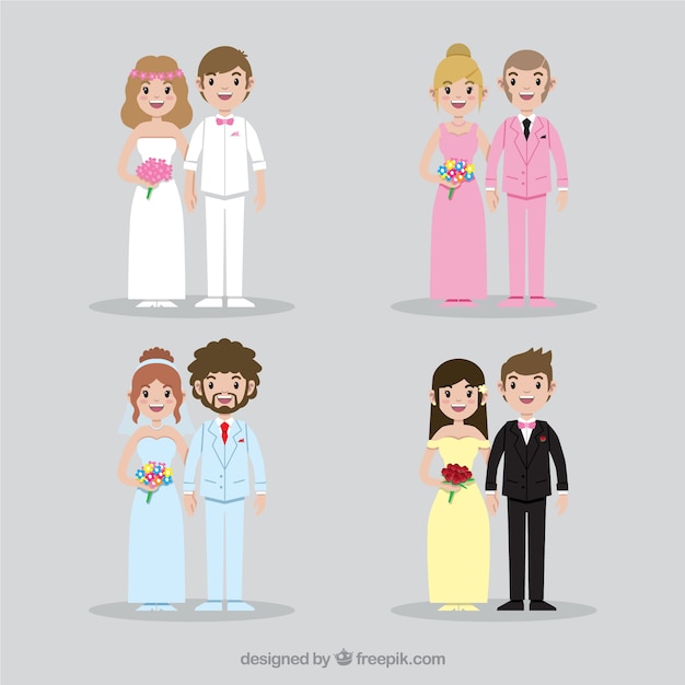 Vecteur gratuit le paquet plat de quatre couples sourire de mariage