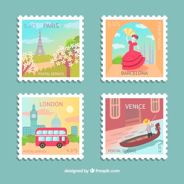 Vecteur gratuit paquet de quatre beaux timbres de la ville