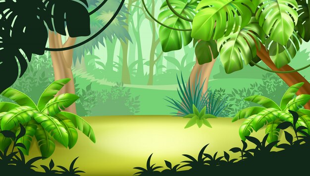 Paysage de jeu avec des plantes tropicales.