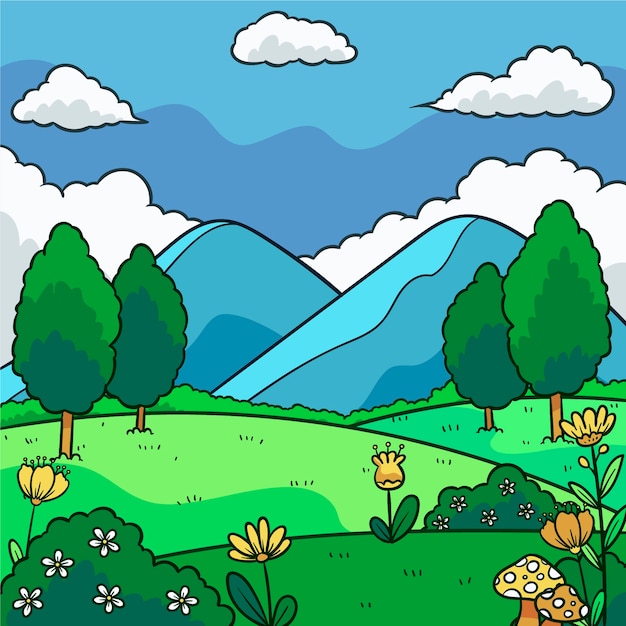 Vecteur gratuit paysage de printemps dessiné à la main