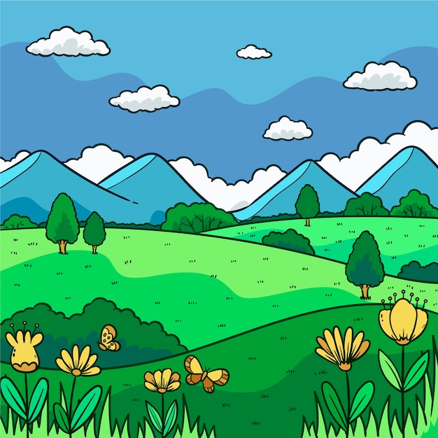 Vecteur gratuit paysage de printemps dessiné à la main