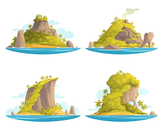 Vecteur gratuit paysages de dessins animés d'îles tropicales sertis d'abondantes forêts isolées illustration vectorielle