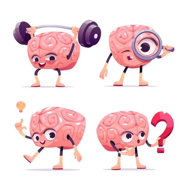 Personnages du cerveau, mascotte de dessin animé avec grimace