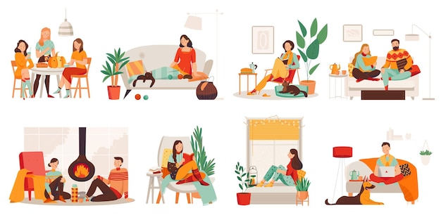 Vecteur gratuit personnes travaillant et se reposant dans leur appartement confortable dans un ensemble plat de style scandinave illustration vectorielle isolée