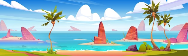 Vecteur gratuit plage de mer ou d'océan avec du sable et des palmiers eau calme avec des rochers et un ciel bleu avec des nuages vector de dessins animés paysage d'été tropical avec rivage pour les vacances concept paysage ensoleillé du littoral