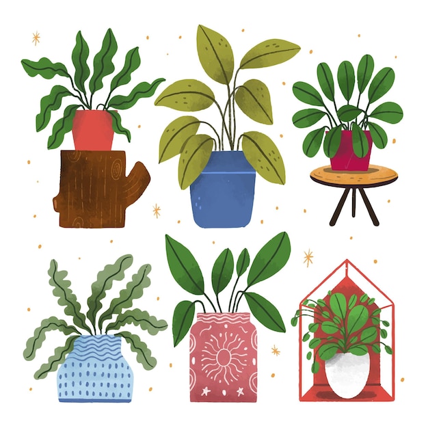 Vecteur gratuit plantes d'intérieur dessinées à la main dans la collection de pots