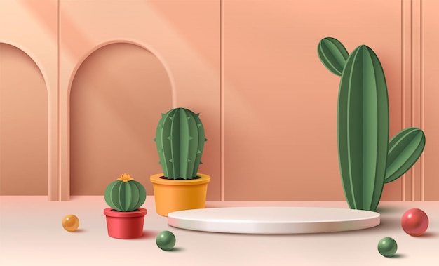 Vecteur gratuit podium d'été beige 3d avec cactus pour le produit