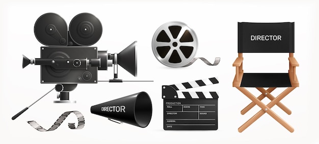 Vecteur gratuit production de films cinématographiques ensemble réaliste d'images isolées avec bobine de clapet et caméra avec illustration vectorielle de chaise de réalisateur