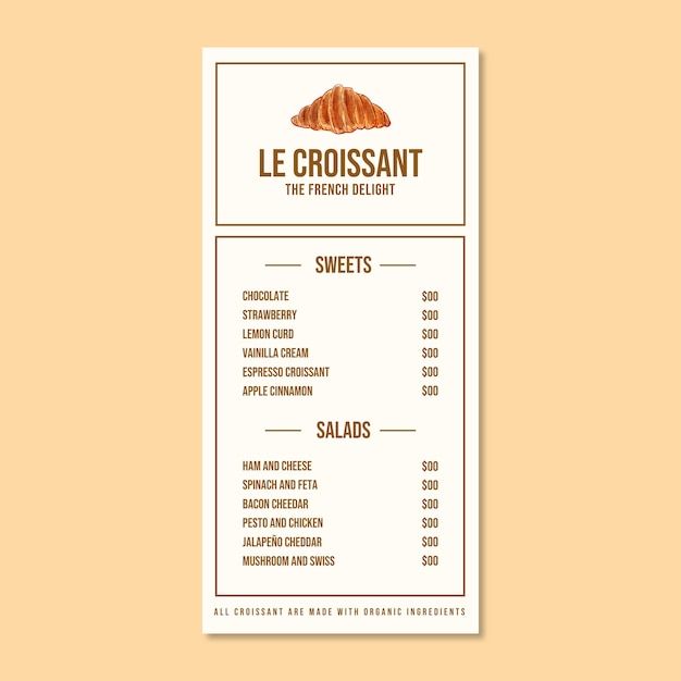 Projet de modèle de menu de croissant